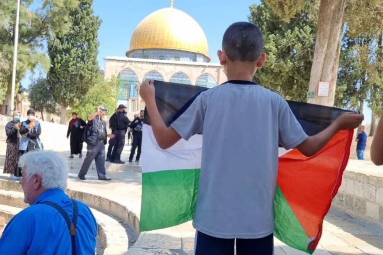 طفل فلسطيني يرفع علم فلسطين في وجه مجموعات مقتحمي المسجد الأقصى (مواقع التواصل)