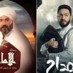 من اليمين حمادة هلال بطل مسلسل "المداح 3" وخالد النبوي بطل مسلسل "رسالة الإمام" (الجزيرة)