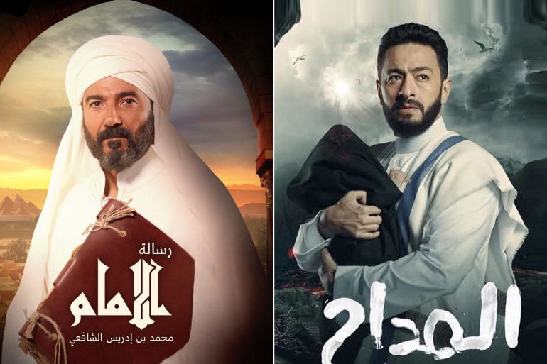 من اليمين حمادة هلال بطل مسلسل "المداح 3" وخالد النبوي بطل مسلسل "رسالة الإمام" (الجزيرة)