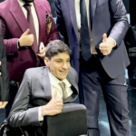 The millionaire Hamed Al-Maqtari and FIFA President Gianni Infantino, with FIFA Ambassador Ghanem Al-Muftah between them, at "The Best" awards ceremony.